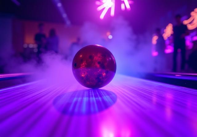 Eine Bowlingkugel rollt über eine lila leuchtende Bahn beim Cosmic Bowling