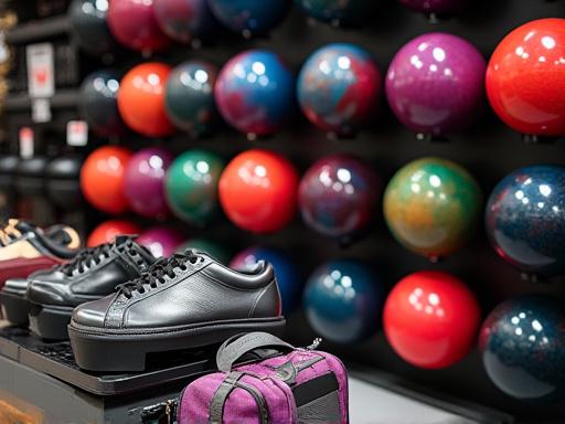 Ausgestellte Bowlingkugeln und Zubehör im Pro-Shop
