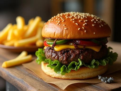 Saftiger Burger mit Pommes Frites von der Mineralien-Snackbar